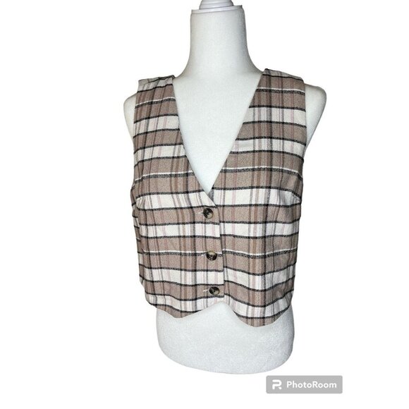 Treasure Bond Womens Relaxed Fit Vest Plaid Cropped Jacket Blazers Size S NWOT - Picture 2 of 4